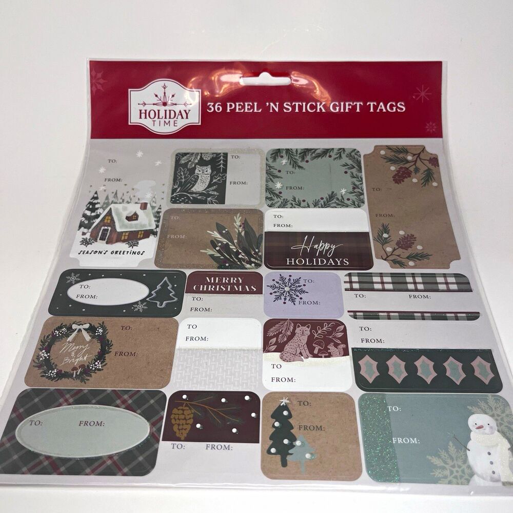Holiday Time Peel & Stick Christmas Gift Tags 36ct Assorted Snowman Owl - NEW ~